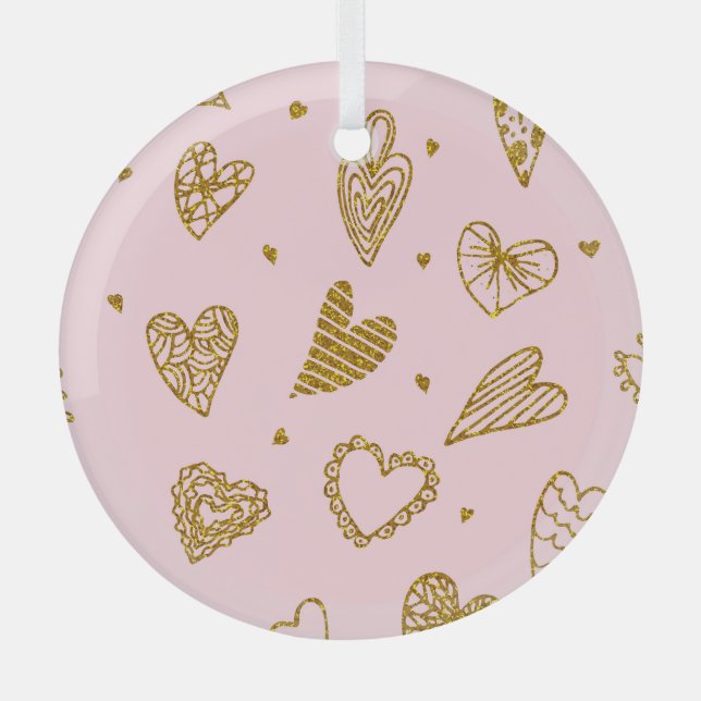 Gold glitter hearts: pink background pattern glass ornament (Front)