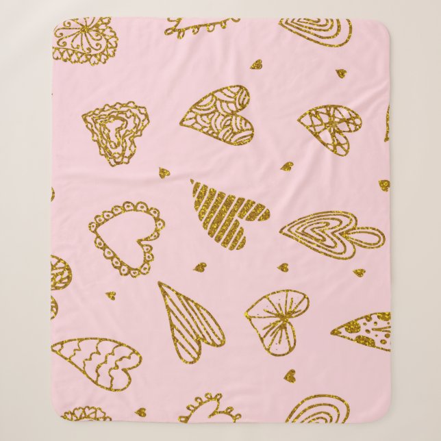 Gold glitter hearts: pink background pattern sherpa blanket (Front)