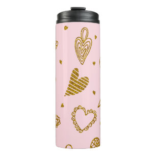 Gold glitter hearts: pink background pattern thermal tumbler
