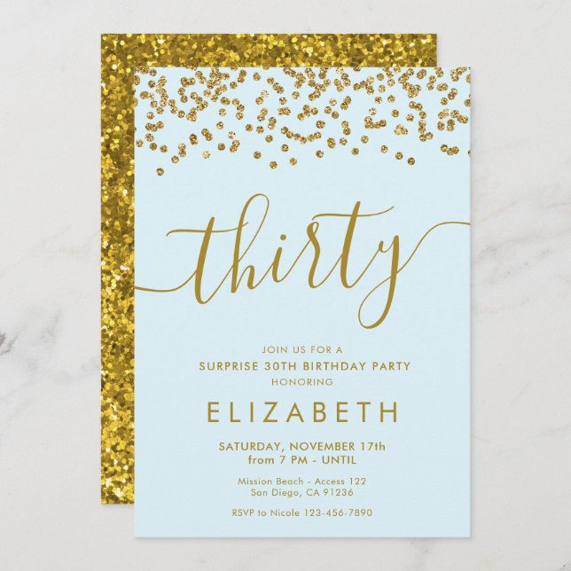 Gold Glitter Hello 30 Thirtieth Birthday Invitatio Invitation (Front/Back)