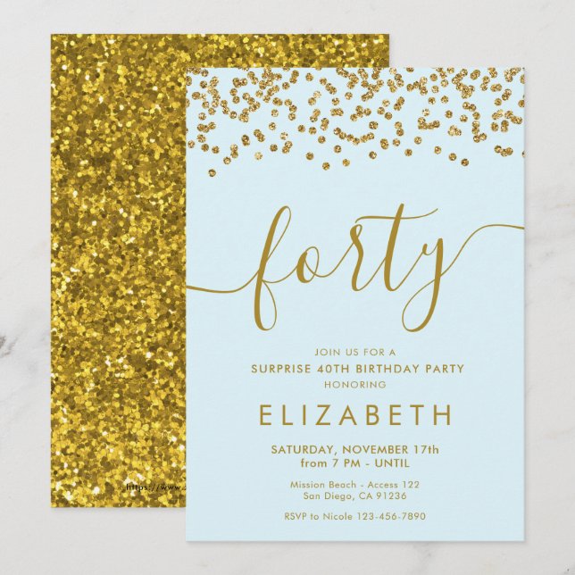 Gold Glitter Hello 40 Fortieth Birthday Invitation (Front/Back)