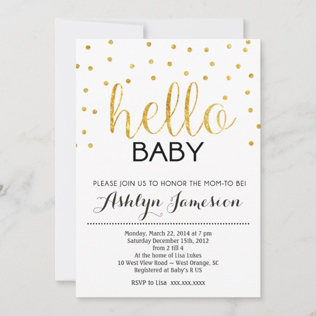 Gold Glitter Hello Baby Shower Invitation (Front)