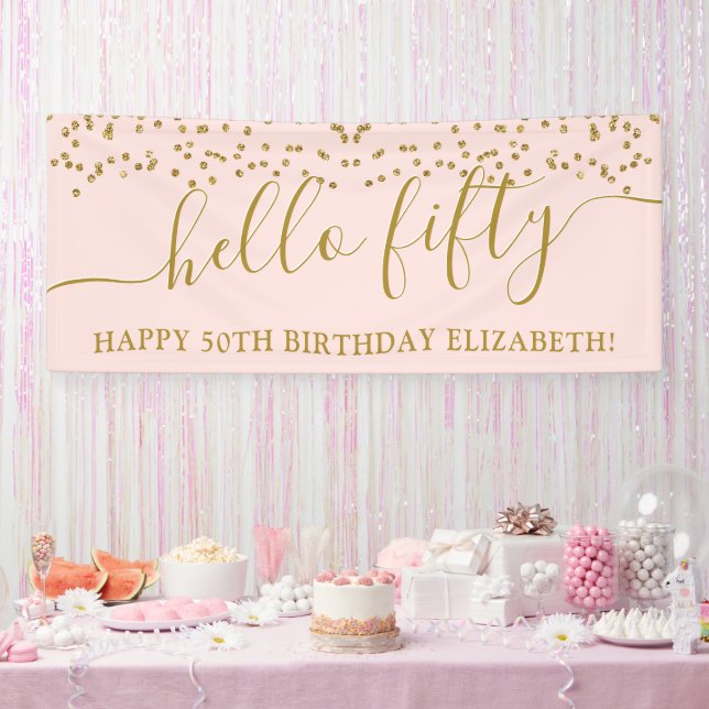 Gold Glitter Hello Fifty 50th Birthday Party Banner (Party)
