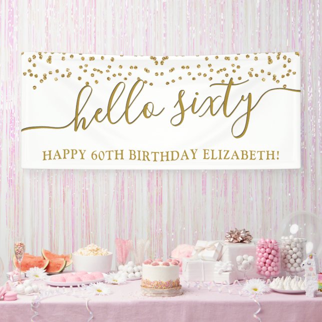 Gold Glitter Hello Sixty 60th Birthday Party Banne Banner (Party)