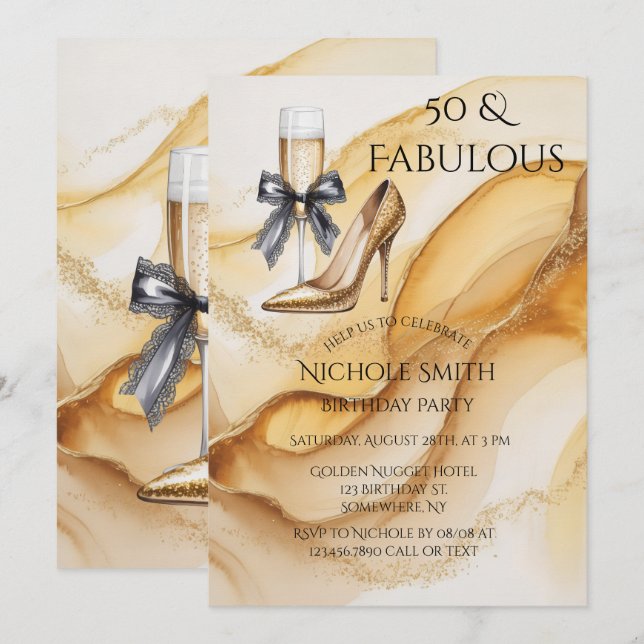 Gold Glitter High Heel 50 & Fabulous Birthday Invitation (Front/Back)