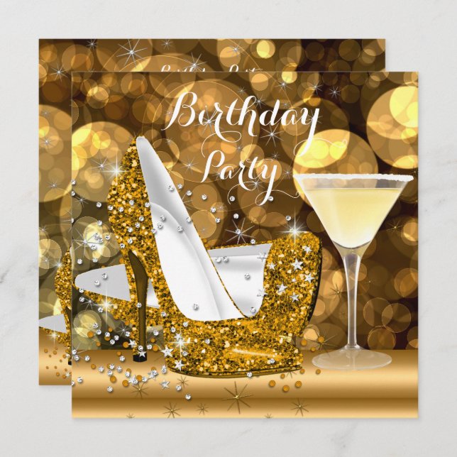 Gold Glitter High Heels Cocktail Birthday Party Invitation (Front/Back)