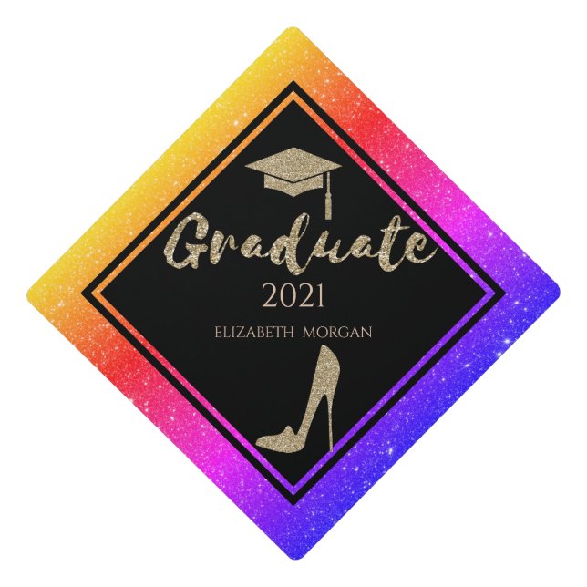 Gold Glitter High Heels,Glitter Ombre Graduation Cap Topper (Front)