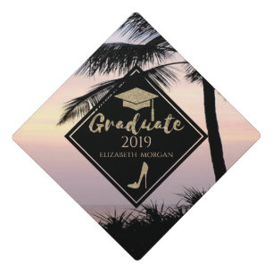 Gold Glitter High Heels,Graduate Cap, Beach Palm Graduation Cap Topper