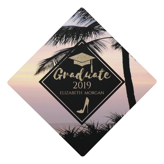Gold Glitter High Heels,Graduate Cap, Beach Palm Graduation Cap Topper (Front)