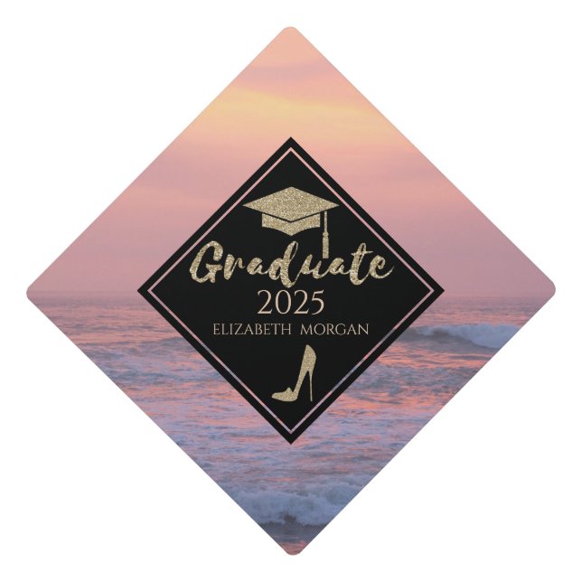 Gold Glitter High Heels,Graduate Cap,Ocean Graduation Cap Topper (Front)