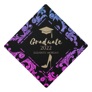 Gold Glitter High Heels,Graduate Cap,Violet Swirls Graduation Cap Topper