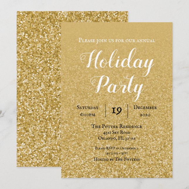 Gold Glitter Holiday Party Invitation (Front/Back)