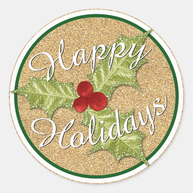 Gold Glitter Holiday Season Holly Leaves Pattern Classic Round Sticker (Front)