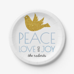 Gold glitter holly berry Joy Love Peace Christmas Paper Plate
