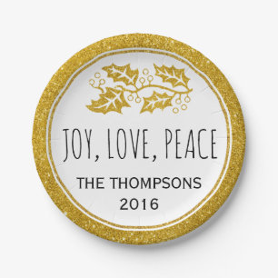 Gold glitter holly berry Joy Love Peace Christmas Paper Plate