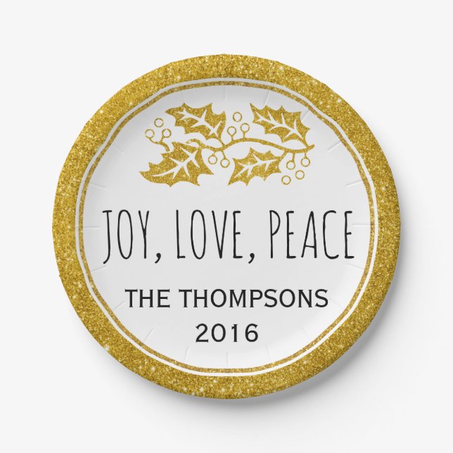 Gold glitter holly berry Joy Love Peace Christmas Paper Plate (Front)