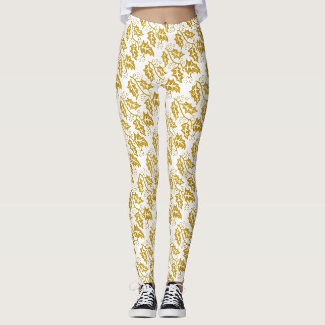 Gold glitter holly berry modern Christmas holiday Leggings (Front)