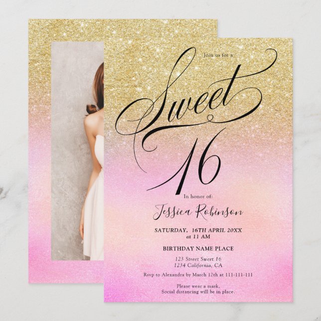 gold glitter holographic script chic Sweet 16 Invitation (Front/Back)