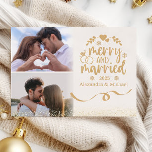 Gold Glitter Horizontal 2 Photo Merry and Married Holiday Card
