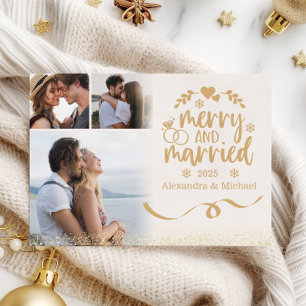 Gold Glitter Horizontal 3 Photo Merry and Married Holiday Card