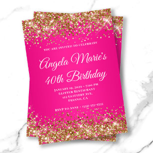 Gold Glitter Hot Pink Fancy Monogram 40th Birthday Invitation