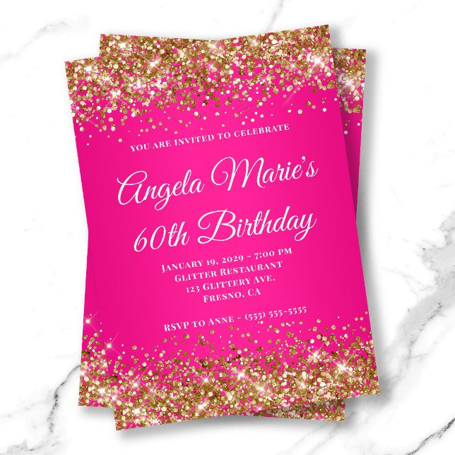 Gold Glitter Hot Pink Fancy Monogram 60th Birthday Invitation (Gold Glitter Hot Pink Fancy Monogram 60th Birthday Invitation)