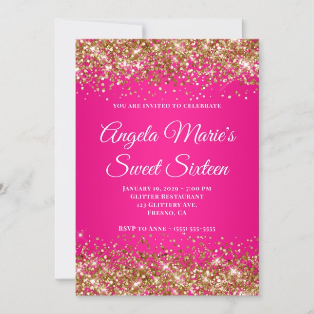 Gold Glitter Hot Pink Fancy Monogram Sweet Sixteen Invitation (Front)