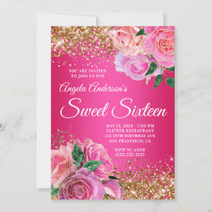 Gold Glitter Hot Pink Floral Glam Sweet Sixteen Invitation