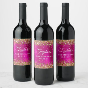 Gold Glitter Hot Pink Foil 21st Birthday Wine Label