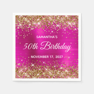 Gold Glitter Hot Pink Foil 50th Birthday Napkin