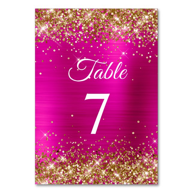 Gold Glitter Hot Pink Foil Elegant Table Number (Front)