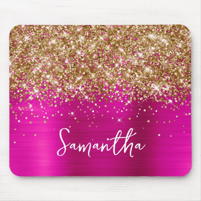 Gold Glitter Hot Pink Glam Name Mouse Pad (Front)