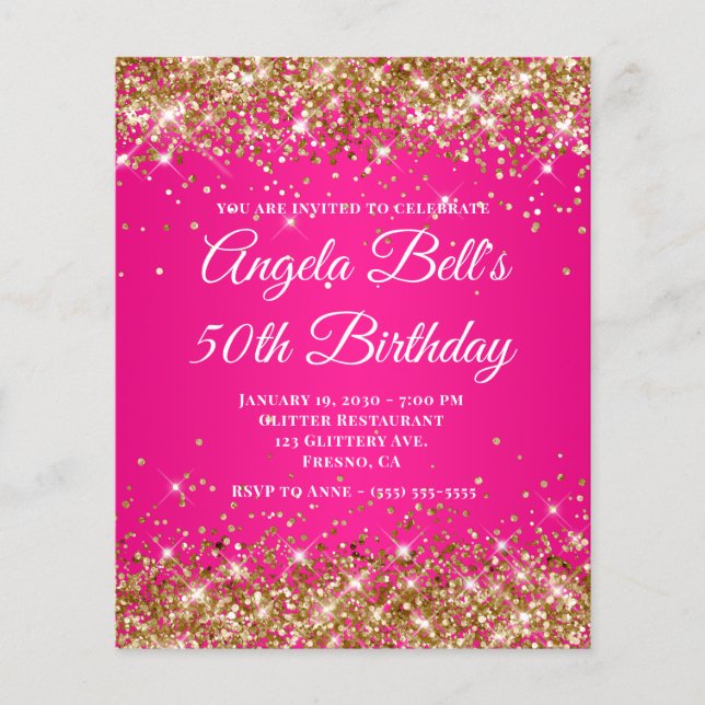 Gold Glitter Hot Pink Ombre Fancy Monogram Flyer (Front)