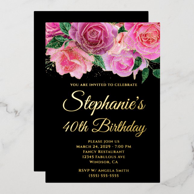 Gold Glitter Hot Pink Rose Black 40th Birthday (Front/Back)