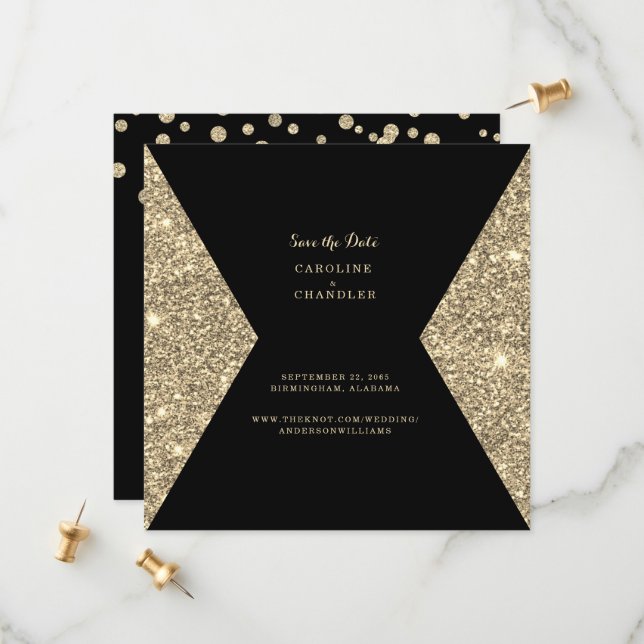 Gold Glitter Image & B/W Photo Save the Date (Front/Back In Situ)