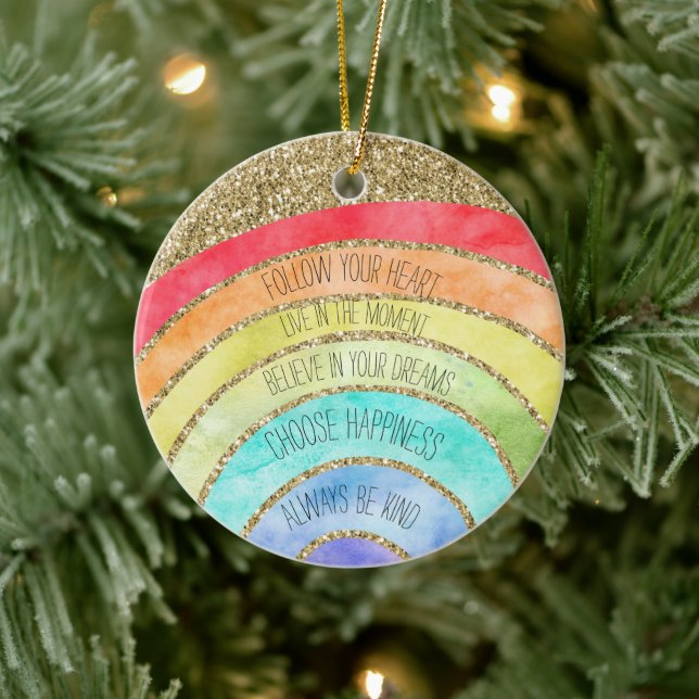 Gold Glitter Inspirational Quotes Rainbow  Ceramic Ornament (Tree)