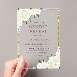 Gold Glitter Ivory Floral Greenery Gender Reveal Acrylic Invitations