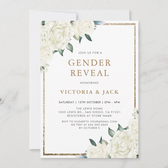 Gold Glitter Ivory Floral Greenery Gender Reveal Invitation (Front)