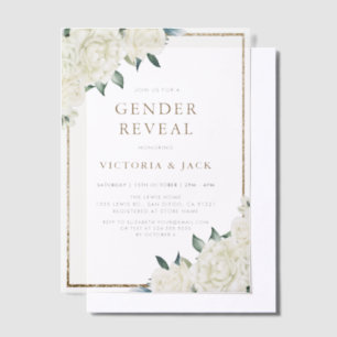 Gold Glitter Ivory Floral Greenery Gender Reveal Vellum Invitations