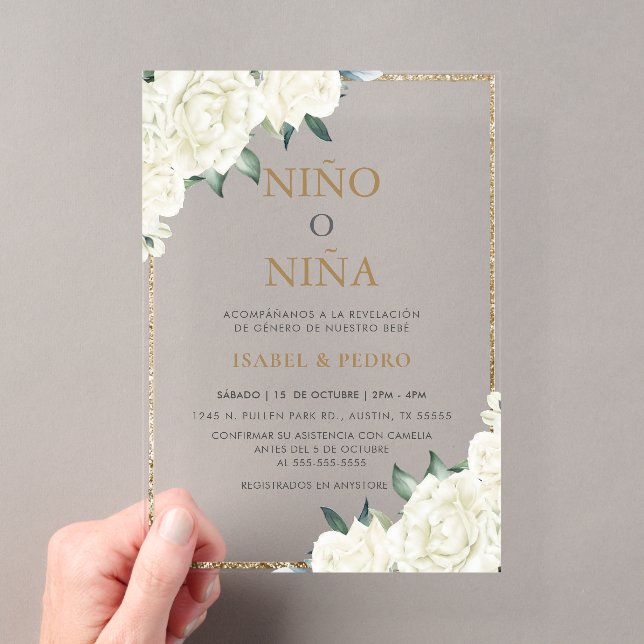 Gold Glitter Ivory Floral Spanish Gender Reveal Acrylic Invitations (Insitu (Handheld))