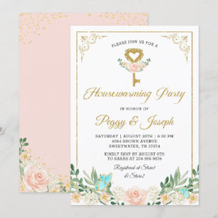 Gold Glitter Key Rose Garden Housewarming Invite