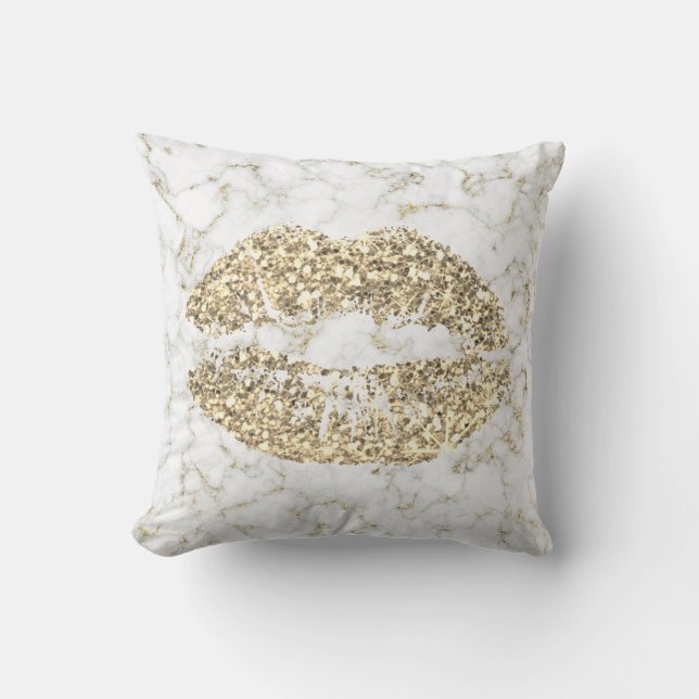 Gold Glitter Kiss Lips Glam Makeup White Marble Throw Pillow (Front)