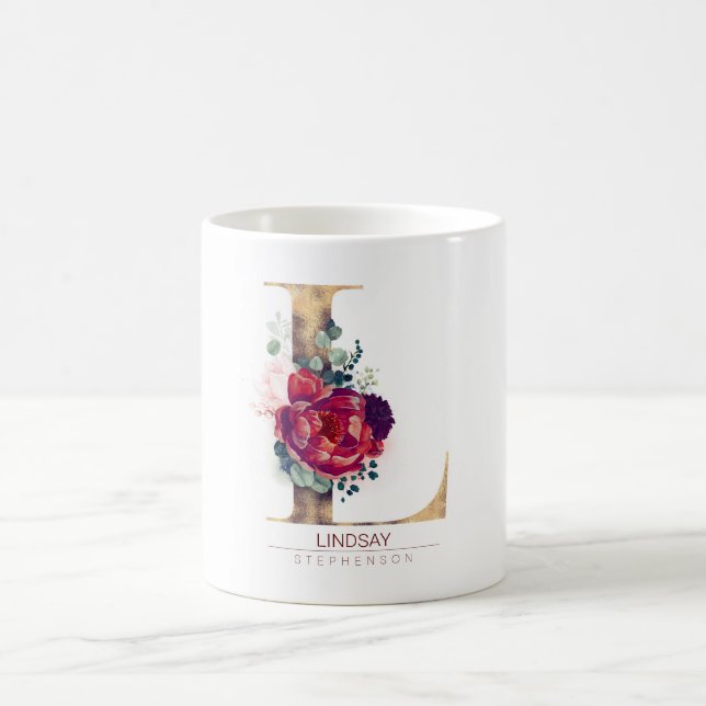 Gold Glitter L Monogram Floral Burgundy Red Coffee Mug (Center)