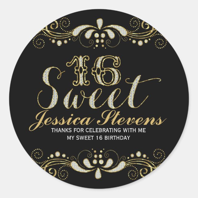 Gold & Glitter Lace Sweet 16 Classic Round Sticker (Front)