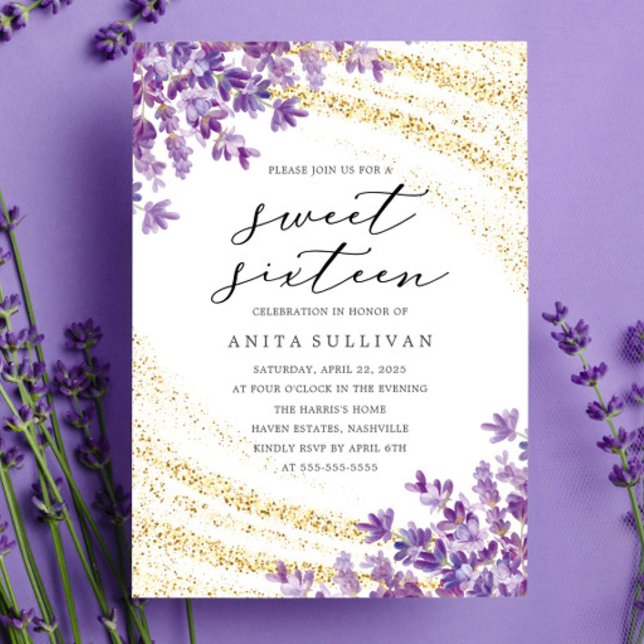 Gold Glitter Lavender Sweet Sixteen 16 Birthday Invitation (Creator Uploaded)