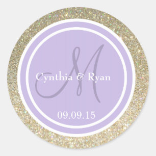 Gold Glitter & Lavender Wedding Monogram Classic Round Sticker