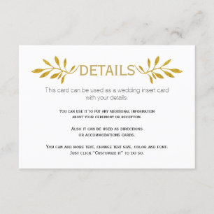 Gold glitter leaves pattern wedding insert card