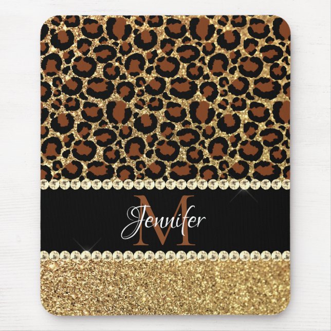 Gold Glitter Leopard Girly Glam Monogram Mouse Pad (Front)