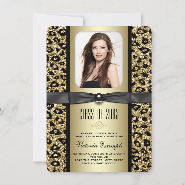 Gold Glitter Leopard Graduation Announcement (Front)