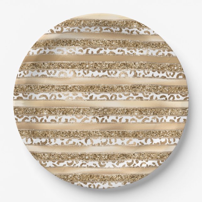 Gold Glitter Leopard Print Stripes Paper Plate (Front)